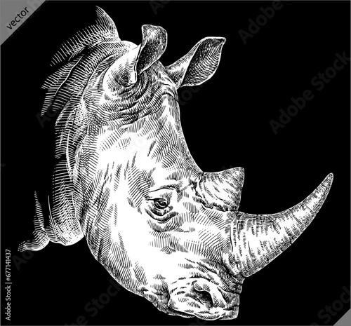 Vintage engraving isolated rhinoceros set illustration ink sketch. Africa background rhino silhouette art. Black and white hand drawn vector image