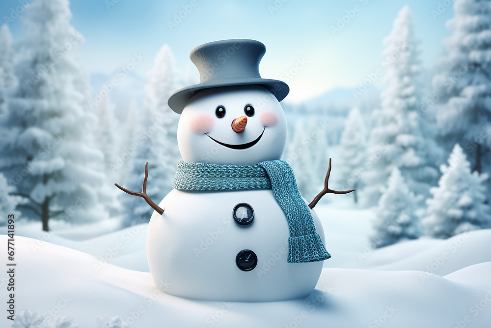 Obraz premium Cheerful snowman on winter background, in the forest. Christmas card with space for text