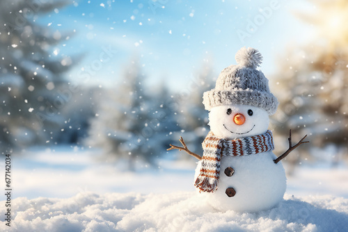 Cheerful snowman on winter background, in the forest. Christmas card with space for text