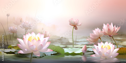 Lotus flower summer landscape background with water reflection and bokeh Idyllic Lotus Symphony  Summer Landscape Adorned with Water s Reflection and Delicate Bokeh Splendor 