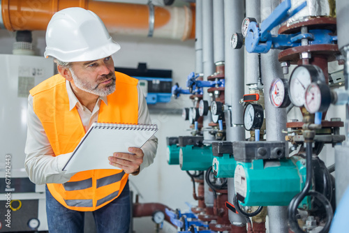 Photography Gas engineer working in control room checking water Distribution