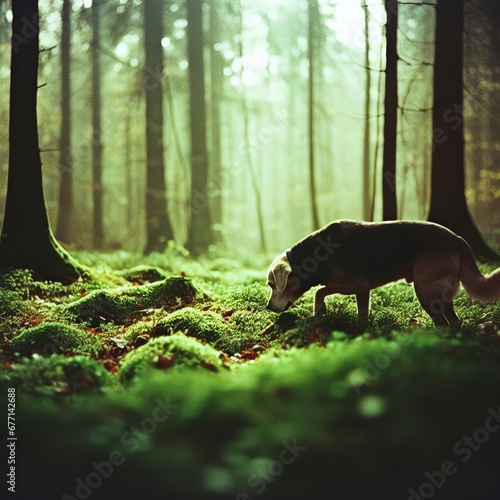 Dog Engaged in Forest Exploration, Sniffing with Intrigue