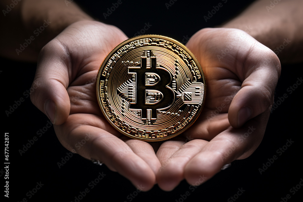 Hands delicately cradling a shimmering golden bitcoin, symbolizing the precious and transformative nature of cryptocurrency in the digital age. Ai generated