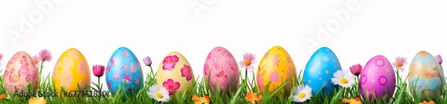 easter eggs border with transparent background, easter grass png, panoramic scale, colorful costumes