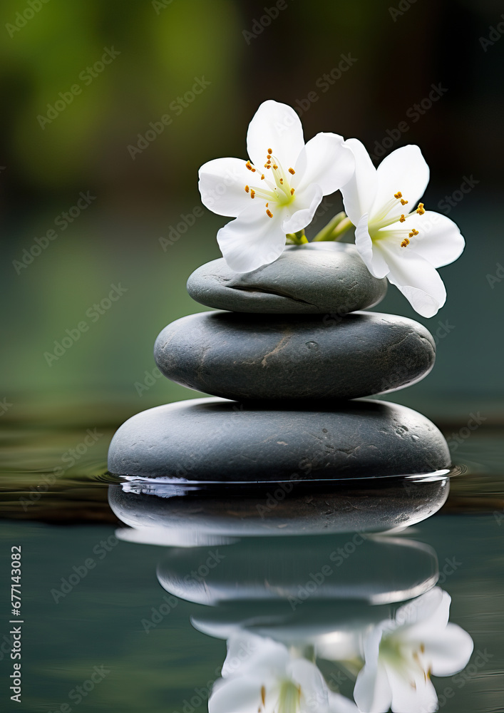 Fototapeta premium pyramid or tower of stones on the river bank, zen, harmony, chedo, water, rocks, lake, spa, relaxation, nature, tranquility, beauty, balance, landscape, minerals, shape, structure, religious, flower