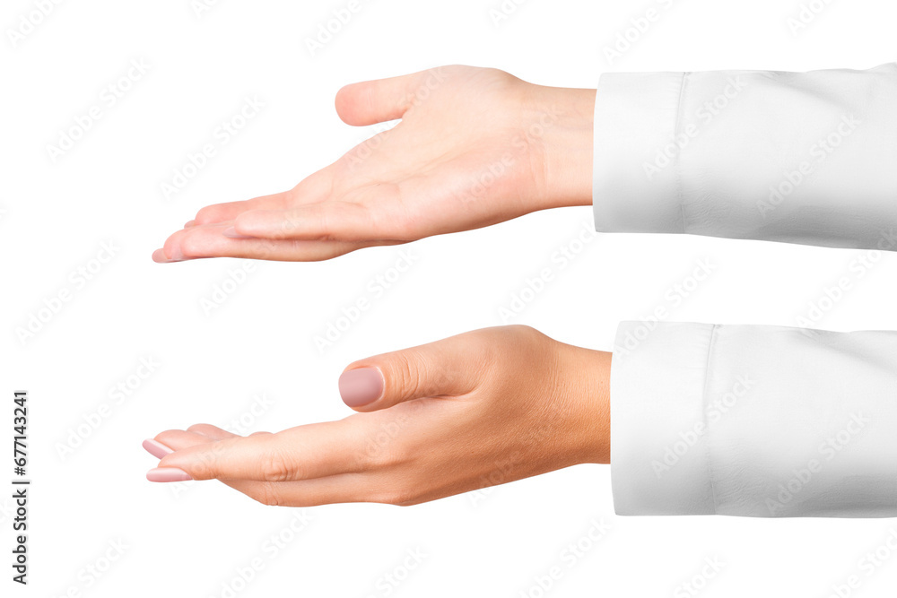A woman's hand in a white medical coat. Two options. on isolated transparent background