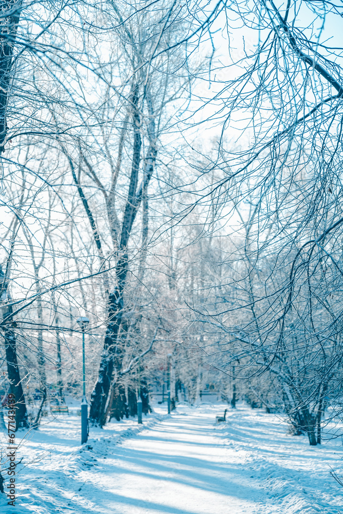 Naklejka premium snow-covered city. a snowy alley