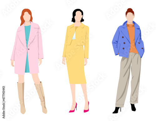 1429_Three fashionable women dressed in various fashionable clothes, isolated on white background