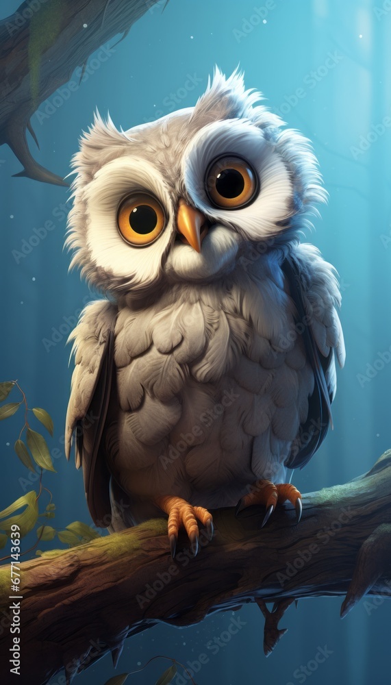 Obraz premium An illustration of a snowy owl with white plumage sitting on a branch at night and tilting its head to one side