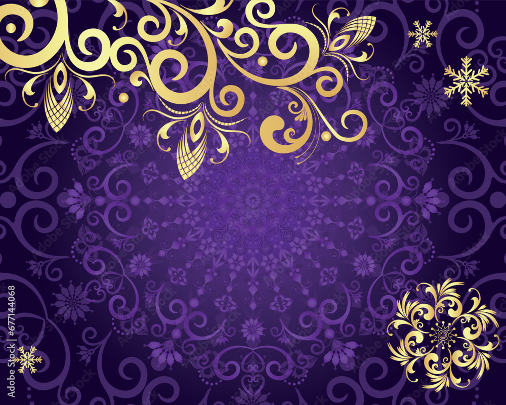 Vector Christmas violet gradient frame with golden snowflakes and vintage curls Vector Christmas violet gradient frame with golden snowflakes and vintage curls