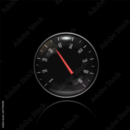 Engine speed level indicator. Round black car dashboard 3d device. Vector illustration on black background