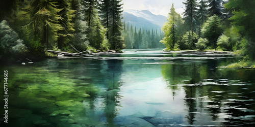 Beautiful mountain landscape with a river and a coniferous forest, A serene forest pond reflecting towering trees, landscape in the summer forest / green trees summer view, generative AI