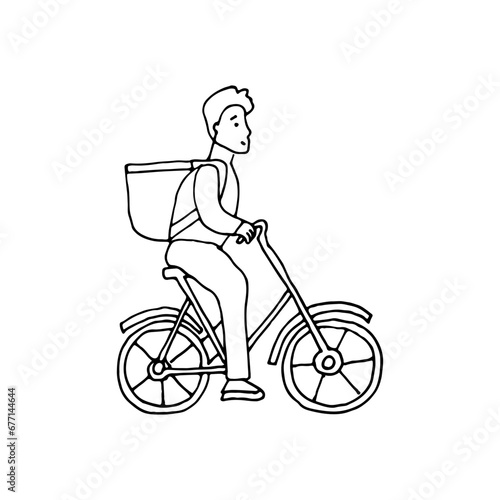 Delivery, handing over of goods to the buyer. Courier on a bicycle with a box on his back. Doodle. Vector illustration. Hand drawn. Outline.