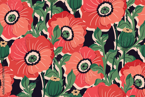 Seamless floral pattern, retro style ditsy print with large decorative poppies. Botanical design with a 70s motif: hand drawn red flowers, leaves on a dark background. Vector illustration.