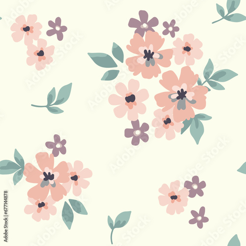 Seamless floral pattern, liberty ditsy print with a rustic, folk motif. Delicate botanical design in spring colors: small hand drawn flowers, leaves, simple tiny bouquets on white. Vector illustration