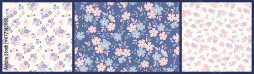 Seamless floral pattern, liberty ditsy print with mini cute flowers in the collection. Delicate botanical design with a spring motif: small hand drawn flowers, tiny leaves, simple bouquets. Vector.