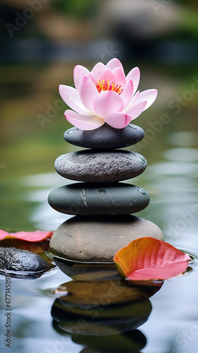 pyramid or tower of stones on the river bank, zen, harmony, chedo, water, rocks, lake, spa, relaxation, nature, tranquility, beauty, balance, landscape, minerals, shape, structure, religious, flower