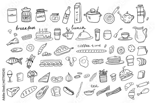 Big set of healthy food and fast food ingredients with lettering in vector. Doodle style. Hand drawn. Great for menu design, banners, sites, packaging. Vector illustration EPS10