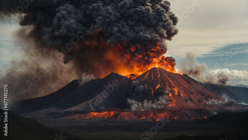Volcano eruption with dark smoke rising on the horizon. Natural power and environmental concept. Catastrophe and possible disaster idea. With copy space.