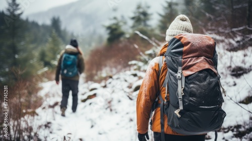 Winter Wanderlust. Backpackers Embracing Adventure in Snowy Mountains