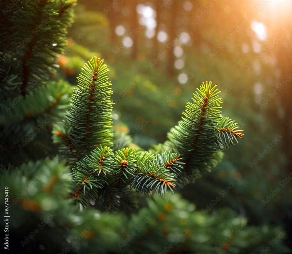 close up of fir tree brunch with sunlight bokeh. Shallow focus. Fluffy fir tree brunch close up. Christmas wallpaper concept. Copy space.