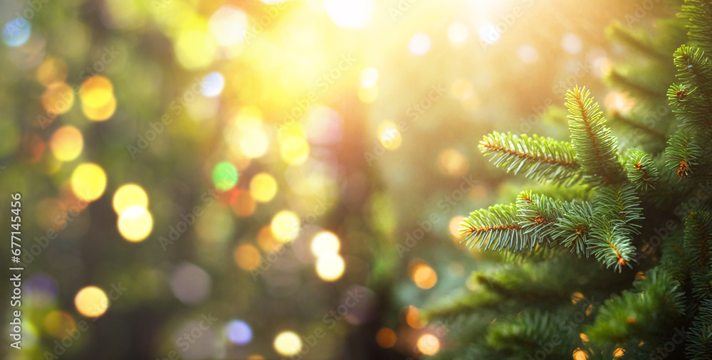 close up of fir tree brunch with sunlight bokeh. Shallow focus. Fluffy fir tree brunch close up. Christmas wallpaper concept. Copy space. - obrazy, fototapety, plakaty 