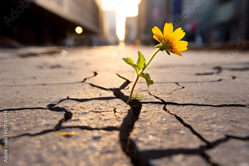 small flower grow on cracked street