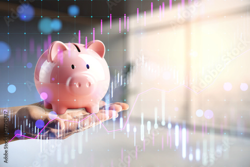 Hand showcasing financial growth with piggy bank hologram, Generative AI