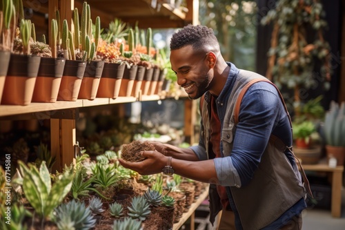 black diverse guy choosing cacti and succulents in the plant store © Dina