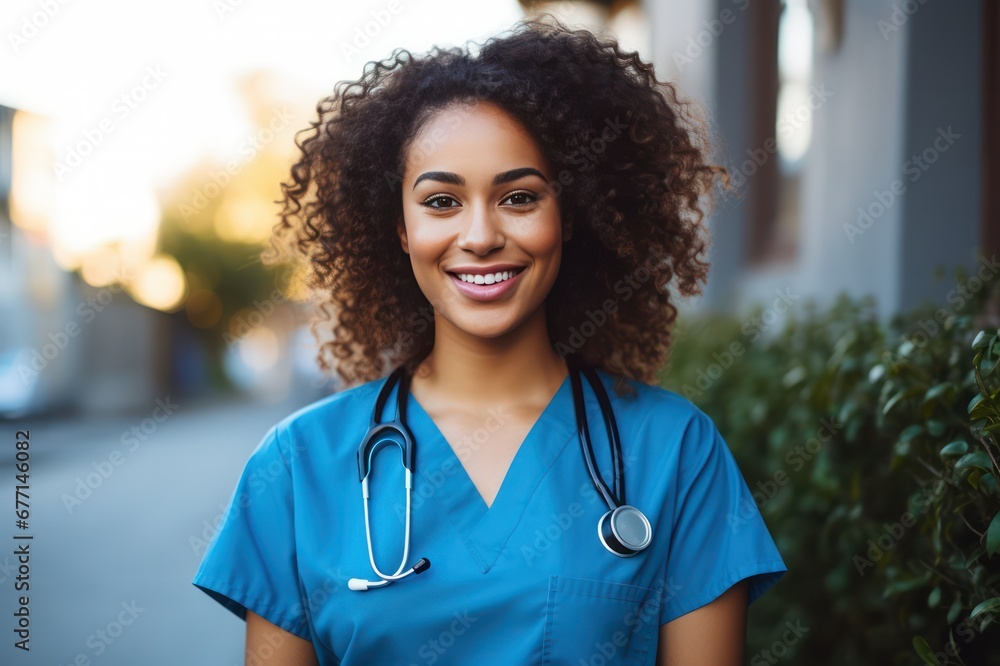 diverse female intern, nurse or doctor in green blue scrubs standing outside of hospital clinic, smiling - obrazy, fototapety, plakaty 