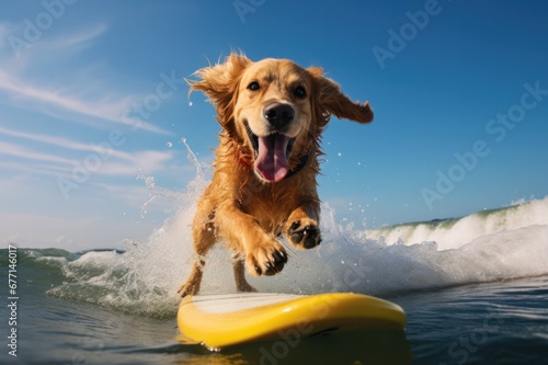 hoppy golden retriever surfing on yellow surfboard in the se. Extreme water sports poster and banner. © Dina