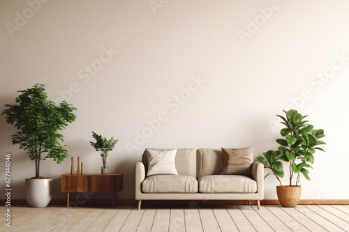 minimal interior of lounge zone with couch and green plants and empty beige wall mockup for copy space. Clinic or psychology practice waiting room. photo