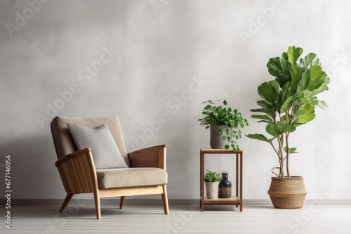 minimal interior of lounge zone with armchair and green plants and empty gray wall mockup for copy space. Salon, clinic or psychology practice waiting room. photo