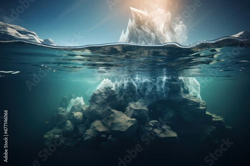 iceberg underwater view. Hidden danger. Climate change and environment issues. Melting glaciers problem.. 