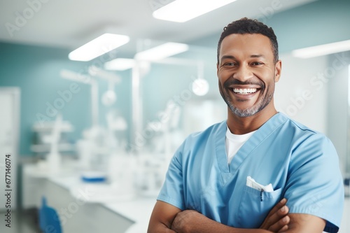 male doctor in white scrubs uniform smiling in clinic or hospital. Surgeon at work.