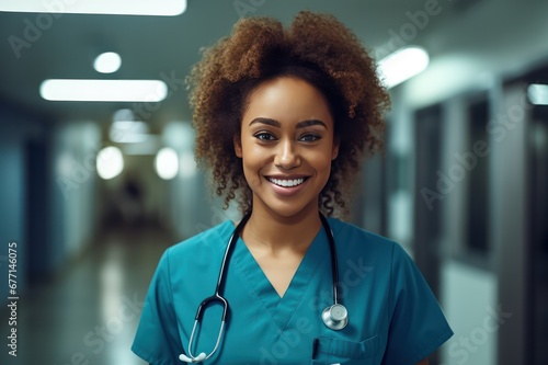 diverse black female intern, nurse or doctor in green blue scrubs in clinic or hospital, smiling