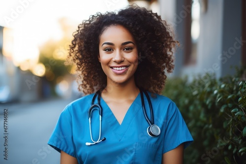 diverse female intern, nurse or doctor in green blue scrubs standing outside of hospital clinic, smiling photo