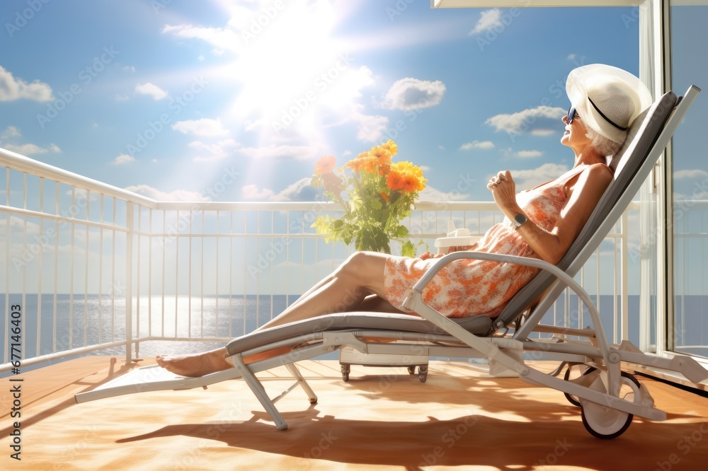 senior retired woman in summer outfit sunbathing lying on sun bed on the balcony of hotel on sunny day with blue sky