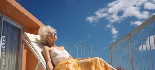 senior retired woman in summer outfit sunbathing lying on sun bed on the balcony of hotel on sunny day with blue sky photo