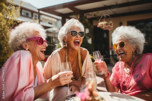 diverse senior women drinking wine or champagne at restaurant or hotel bar. Retired lady friends smiling, being happy and enjoying life.  photo