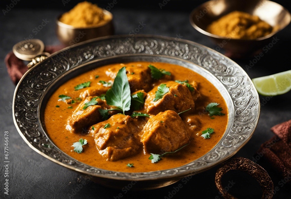 curry with meat and spices in a bowl on a table