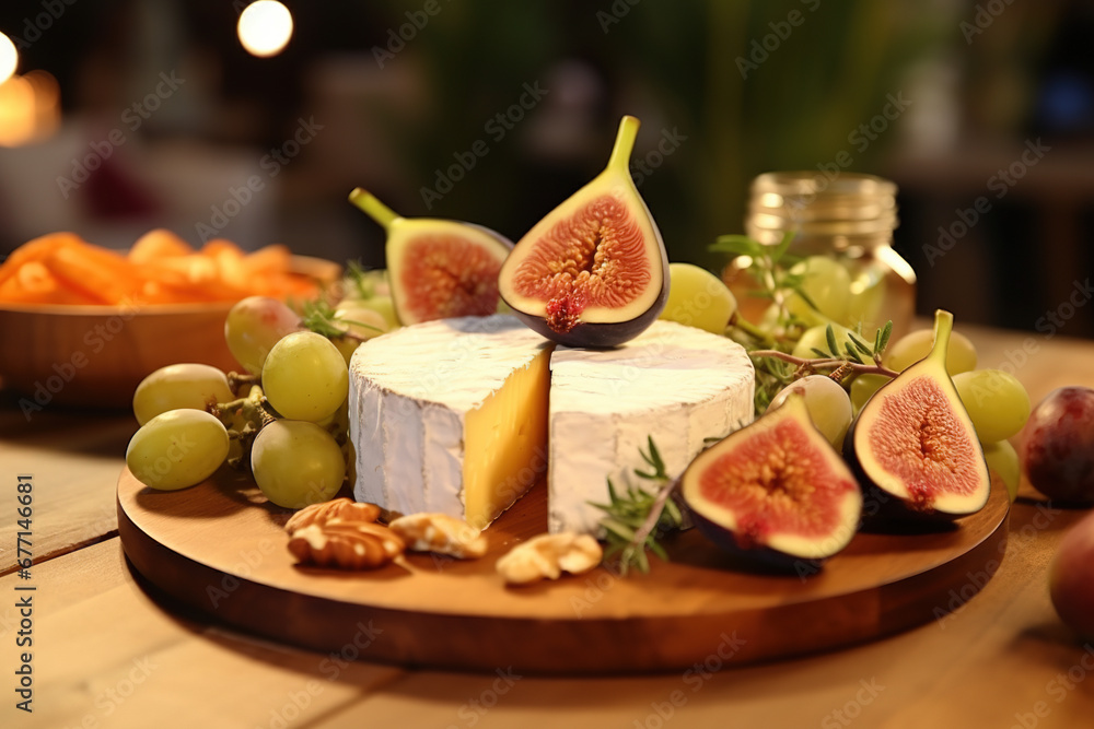 Cheeseboard with assorted cheese fig fruits, grapes, honey, walnuts and rosemary Cheeseboard with assorted cheese fig fruits, grapes, honey, walnuts and rosemary