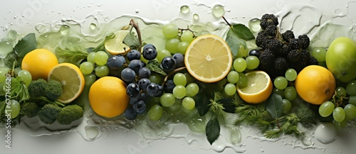 Fresh fruits and berries in water splash on white background
