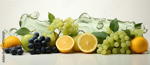 Fresh fruits and berries, cut lemons in water splash on white background