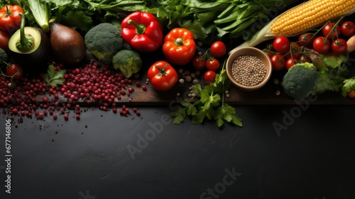 Variety of fresh herbs and vegetables on one side wooden background
