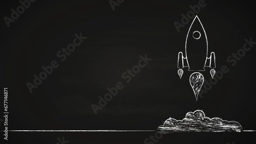 Chalk hand drawing rocket launch on blackboard with copy space text area for business, start up and education concept