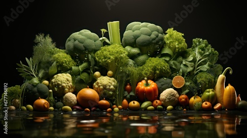 Variety of raw organic vegetables in the kitchen with reflection in water