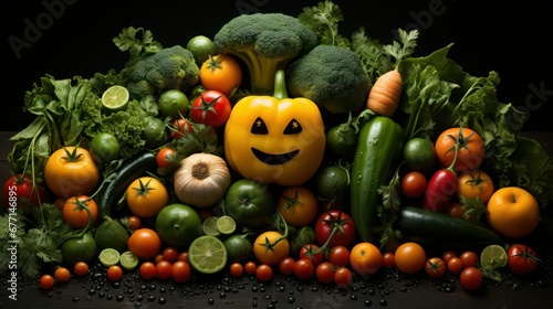 Variety of raw organic vegetables mix with fruits and have shapes on it in the kitchen