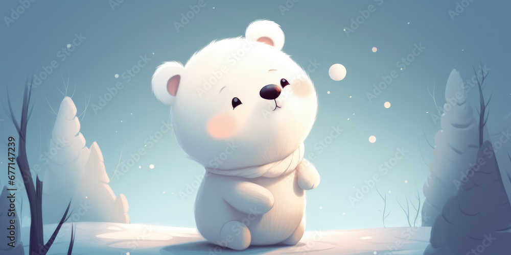 Fototapeta premium Cute Cartoon Polar Bear sitting on the snow in the winter forest. Beautiful background for banner and greeting card for Christmas, New Year, XMas, Winter holiday
