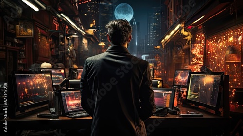 Trader's Back View with Trading Terminal in the Background. Financial Professional at Work 